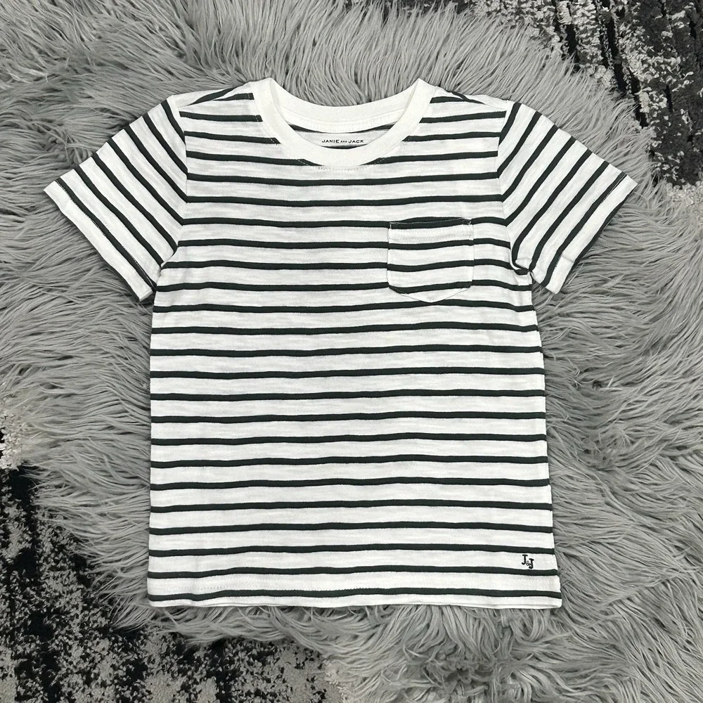 Janie And Jack Boys Basic White And Grey Stripe T With Pocket Size 2T NEW In Bag